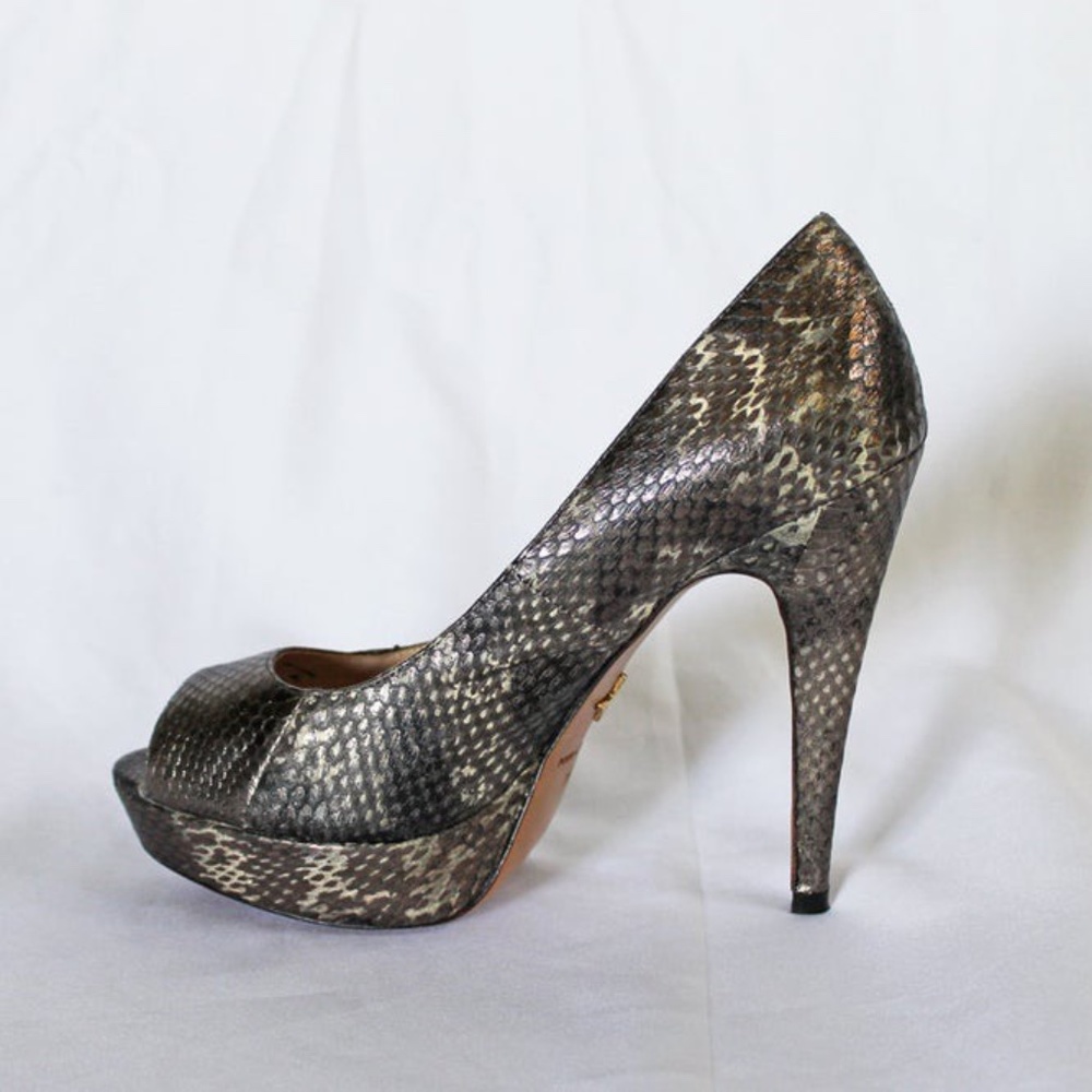 Pour La Victoire Pewter Snake Embossed Open Toe Pumps